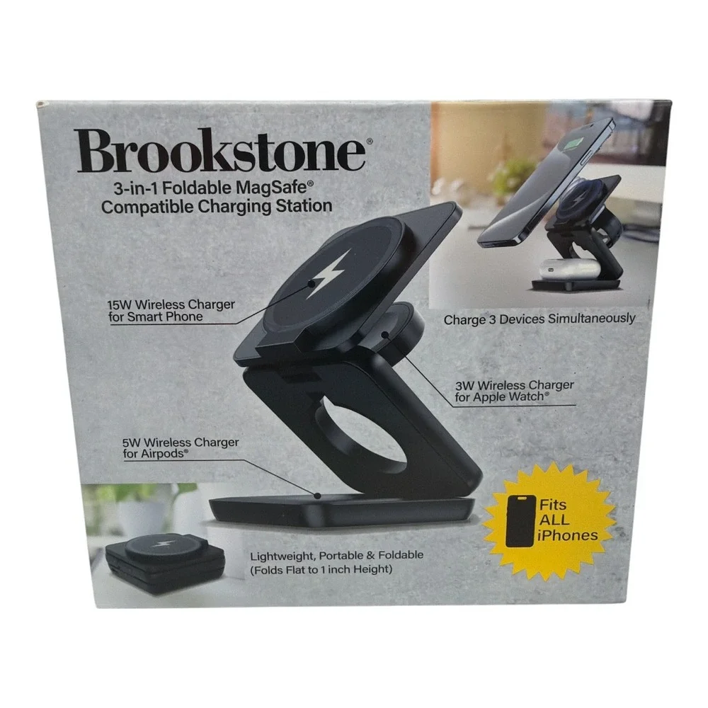 Brookstone 3 in 1 Foldable Wireless Charging Stand MagSafe Iphone NIB